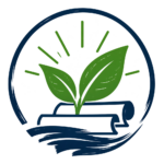 Blue, green and black graphic with roll of paper and green leafs