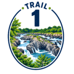 Trail 1 graphic with trees, river and rocks